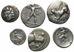 [Greek]. Lot of six AR. Includes: Macedonian Kingdom. Philip III. Drachm // Euboia, Histiaia. Tetrobol // Corinthia, Corinth. Stater // Caria, Rhodes. Hemidrachm // Pamphylia, Aspendos. Stater // Part
