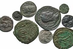 [Roman Imperial & Byzantine]. Lot of nine AR and Æ. Includes: Septimius Severus. AR denarius. Pax seated. EF, sharp strike but typical tight flan // Philip I. Æ sestertius. Annona. VF // Maximianus. Æ