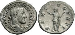 Maximinus I 'Thrax'. A.D. 235-238. AR denarius (20 mm, 3.03 g, 6 h). Rome, A.D. 235/6. IMP MAXIMINVS PIVS AVG, laureate, draped and cuirassed bust of Maximinus I right / PAX AVGVSTI, Pax standing faci