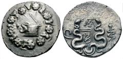 Mysia, Pergamon(?). L. Sempronius Atratinus. Quaestor, ca. 42-39 B.C. AR cistophoric tetradrachm (27 mm, 12.83 g, 7 h). Serpent emerging from cista mystica with lid ajar; all within ivy wreath / Bow c