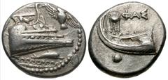 Lycia, Phaselis. 4th century B.C. AR stater (21 mm, 10.28 g, 6 h). Prow of galley right, the fighting platform decorated with lion at bay right; to right, owl flying upward to left; below, dolphin lea