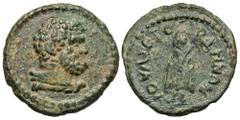 Lydia, Gordus-Julia. Pseudo-autonomous issue. Early 3rd century A.D. Æ (14 mm, 1.35 g, 12 h). Head of bearded Herakles right, lion's skin tied at neck / IVΛIA ΓO-PΔHNΩN, Telesphoros, cloaked, standing