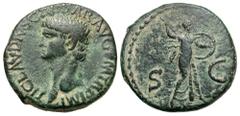 Claudius. A.D. 41-54. Æ as (26 mm, 12.36 g, 7 h). Rome, A.D. 42. TI CLAVDIVS CAESAR AVG P M TR P IMP, bare head of Claudius left / S C across field, Minerva standing right, wielding spear and holding 