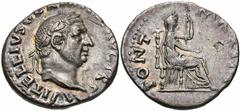 Vitellius. A.D. 69. AR denarius (18 mm, 2.98 g, 6 h). Rome, July-December A.D. 69. A VITELLIVS GERM [IMP] AVG TR P, laureate head of Vitellius right / PONT MAXIM, Vesta enthroned right, holding patera