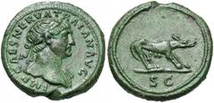 Trajan. A.D. 98-117. Æ quadrans (16 mm, 3.45 g, 6 h). Rome, ca. A.D. 107. IMP CAES NERVA TRAIAN AVG, laureate bust of Trajan right, drapery on far shoulder / S C in exergue, wolf at bay right. RIC 692