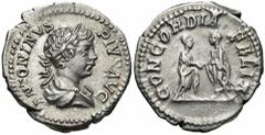 Caracalla. A.D. 198-217. AR denarius (19 mm, 3.49 g, 12 h). Rome, A.D. 202. ANTONINVS PIVS AVG, laureate and draped bust of Caracalla right / CONCORDIA FELIX, Caracalla on right, standing left, claspi