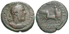 Macrinus. A.D. 217-218. Æ as (25 mm, 10.38 g, 1 h). Rome, A.D. 218. IMP CAES [M OP]EL [SE]V MACRINVS AVG, laureate and cuirassed bust of Macrinus right / [PONTIF M]AX TR P II COS II P P, [S] C low acr