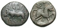 Celtic Coins Britain, Kent Region. Cantiaci. Uncertain rulers. Ca. 50-35 B.C. Æ unit (14 mm, 2.53 g, 8 h). Kentish Wolf type. Wolf prowling left; above, two uncertain creatures; around, rings / High-s