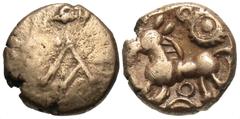 Celtic Coins Britain, Southern Region. Regni & Atrebates. Commios. Ca. 50-25 B.C. AV 1/4 stater (9 mm, 1.22 g, 6 h). Commios A type. A inscribed on a plain field / Horse with ladder mane left; above, 