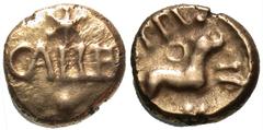 Celtic Coins Britain, Southern Region. Regni & Atrebates. Eppillus. Ca. A.D. 1-15. AV 1/4 stater (9 mm, 1.18 g, 6 h). Eppillus Calleva Daisy type. CELLE[V]; above and below, stars / [E]PPI above, dog 