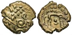 Celtic Coins Britain, East Anglian Region. Iceni. Early uninscribed issues. Mid-1st century B.C. AV stater (18 mm, 6.16 g, 3 h). Norfolk Wolf type. Wreath, cloak and crescents presenting a stylized he