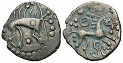 Celtic Coins Britain, East Anglian Region. Iceni. Early uninscribed issues. Mid-1st century B.C. AR unit (13 mm, 1.12 g, 6 h). Norwolf Wolf Phallic type. Stylized boar with pellet eye right, single fo
