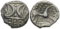 Celtic Coins Britain, East Anglian Region. Iceni. Antedios. Ca. A.D. 10-30(?). AR 1/2 unit (12 mm, 1.14 g). Antedios Ant-D Bar type. Double crescent emblem on vertical wreath / [(ANT)D] below (partial