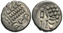 Celtic Coins Britain, South Western Region. Durotriges. Mainstream series. Ca. 58 B.C.-A.D. 43 BI stater (18 mm, 5.43 g, 7 h). Cranborne Chase type. Wreath, cloak and crescents presenting a stylized h