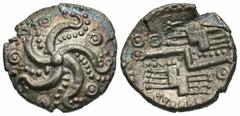 Celtic Coins Britain, South Western Region. Durotriges. Mainstream series. Ca. 58 B.C.-A.D. 43 AR 1/4 stater (14 mm, 1.01 g). Badbury Starfish type. Five-armed starfish, lines of pellets and pellet in