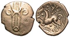 Celtic Coins Britain, North Thames Region. Trinovantes. Dubnovellaunos. Ca. 5 B.C.-A.D. 10 AV 1/4 stater (11 mm, 1.29 g). Dubnovellaunos Trefoil type. Wreath with plain crescents back-to-back at cente