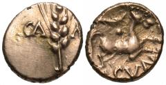 Celtic Coins Britain, North Thames Region. Catuvellauni & Trinovantes. Cunobelinus. Ca. A.D. 8-41. AV 1/4 stater (11 mm, 1.35 g, 10 h). Cunobelinus Plastic type. Camulodunum. CA-M[V], grain ear lackin