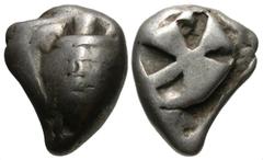 Greek Coins Islands off Attica, Aegina. Ca. 525/0-480 B.C. AR stater (16 mm, 11.80 g). Sea turtle, head in profile, with thick collar and row of dots down its back / Incuse square of 'Union Jack' patt