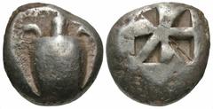 Greek Coins Islands off Attica, Aegina. Ca. 525/0-480 B.C. AR stater (18 mm, 12.17 g). Sea turtle, head in profile, with thick collar and row of dots down its back (worn) / Incuse square of 'Union Jac