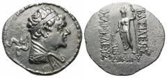 Eastern Greek Coins Baktrian Kingdom. Heliokles I. Ca. 145-130 B.C. AR tetradrachm (35 mm, 16.56 g, 12 h). Diademed and draped bust of Heliokles I right / ΒΑΣΙΛΕΩΣ ΗΛΙΟΚΛΕΟΥΣ ΔΙΚΑΙΟΥ, Zeus standing fa