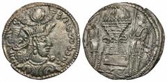 Eastern Greek Coins Kushano-Sasanian. Bahram I. Ca. A.D. 325-350. AR drachm (23 mm, 2.58 g, 3 h). Mint A in Gandhara. Crowned bust of Bahram I right / Sasanian-style fire altar with attendants. Cribb 