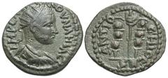 Roman Provincial Coins Pisidia, Antiochia. Valerian I. A.D. 253-260. Æ (21 mm, 3.64 g, 6 h). Blundered legend: IMP CA[ERA]SLLOVNΛHIΛC, radiate, draped and cuirassed bust of Valerian I right / ANTIO-CH