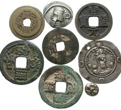 Group Lots [Non-Classical]. Lot of eight eastern AR and Æ. Includes: Ancient China. Various rulers and Æ denominations (5) // Parthian Kingdom. AR drachm // Sasanian Kingdom. AR drachm // India. AR un