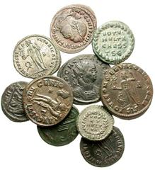 Lot 114.  Lot of Ten Roman Æ's. Includes the following: Tacitus. Antoninianus. Felicitas standing left; V // Maximinus II. Follis. Siscia mint. Jupiter // Maximinus II. Follis. Antioch mint. Genius //