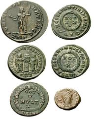 Lot 148.  Lot of Six Roman Æ's. Includes the following: Maximianus. Antoninianus. Jupiter // Constantine I. Ticinum. Legend in wreath // Constantine I. Siscia. Two Victories holding shield // Crispus.