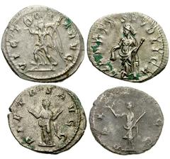 Lot 145.  Lot of Four Roman AR Antoniniani. Includes the following: Trajan Decius. VICTORIA AVG, Victory walking left. RIC 29c // Trebonianus Gallus. LIBERTAS PVBLICA, Libertas standing left. RIC 70 /