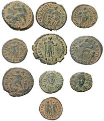Lot 186.  Lot of Ten Late Roman Æ's, all with attractive Desert Patinas. Includes the following: Constantius II. Antioch mint. FEL TEMP REPARATIO, Emperor spearing fallen horseman // Constans II. Anti