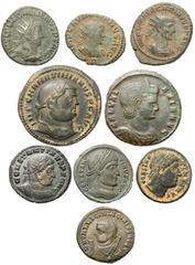 Lot 133.  Lot of Nine Roman Æ Issues. Includes the following: Gallienus Antoninianus // Aurelian and Vabalathus Antoninianus // Carinus Antoninianus // Maximianus Follis. Antioch mint // Galeria Valer