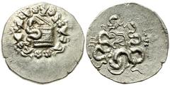 Lot 10.  MYSIA. Pergamon. 133-67 BC. AR Cistophoric Tetradrachm (27mm - 12.58 g). Struck circa 92-88 BC. Cista mystica with serpent; all within ivy wreath / Bow-case with serpents; MA above, thyrsos r