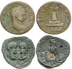 Lot 104.  Lot of Two Eastern Provincial Issues. Includes the following: SYRIA, Commagene. Zeugma. Elagabalus. Æ 33mm. Laureate head right / Tetrastyle temple of Zeus(?) with peribolos containing grove