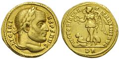 Lot 59.  LICINIUS I. 308-324 AD. AV Solidus (18mm - 4.29 g). Rome mint. Struck 312-313 AD. LICINI-VS P F AVG, laureate head right / VICTORIA CON-S-TANTINI AVG, Victory walking left, holding wreath in 