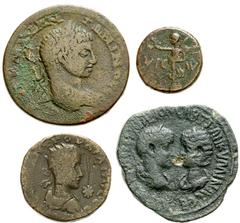 Lot 152.  Lot of Four Provincial Issues. Includes the following: MACEDON, Philippi. Circa 1st Century AD. Æ 17mm. Victory standing left on base, holding wreath and palm / Three standards. RPC 1651 // 