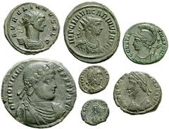 Lot 111.  Lot of Seven Late Roman Æ's. Includes the following: Aurelian // Carinus // Constantinopolis // Procopius // Jovian. Æ 27mm // Arcadius. Æ 11mm (2 examples). Average VF, a few a little bette