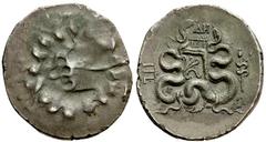 Lot 24.  MYSIA. Pergamon. 133-67 BC. AR Cistophoric Tetradrachm (27mm - 12.30 g). Struck circa 92-88 BC. Cista mystica with serpent; all within ivy wreath / Bow-case with serpents; ΔH above, thyrsos r