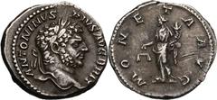 Coins - Ancient Romeins - Romain - Roman Caracalla (as Augustus) Denarius (213 AD) Obverse: Laureate head right. Reverse: Moneta standing left, holding scales & cornucopiae RIC 224 Ag, 3,42 g (23 mm) 