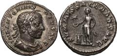 Coins - Ancient Romeins - Romain - Roman Elagabalus Denarius (221 AD) Obverse: Laureate and draped bust right. Reverse: Elagabalus standing left, sacrificing from patera over altar and holding branch,