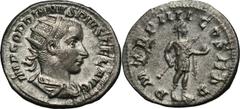 Coins - Ancient Romeins - Romain - Roman Gordian III Denarius (241 AD) Obverse: Laureate, draped and cuirassed bust right. Reverse: Emperor standing right, far shoulder and arm draped, holding transve