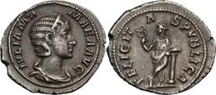Coins - Ancient Romeins - Romain - Roman Julia Mamaea Denarius (228 AD) Obverse: Diademed and draped bust right. Reverse: Felicitas standing left, leaning on column, holding caduceus RIC 335 Ag, 3,00 