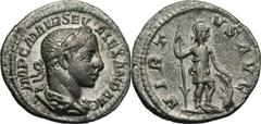 Coins - Ancient Romeins - Romain - Roman Severus Alexander Denarius (225 AD) Obverse: Laureate and draped bust right. Reverse: Virtus standing right, holding spear and shield set on ground RIC 182 Ag,