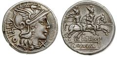 Roman Republic - L. Sempronius Pitio 148 BC; denar 148 pne, Rzym, Aw: Głowa Romy w hełmie w prawo, za nią PITIO, przed nią X, Rw: Dioskurowie z włóczniami w prawo, niżej L.SEMP, w odcinku w ramce ROMA