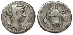Roman Republic - Q. Cassius Longinus 55 BC; denar 55 pne, Rzym, Aw: Głowa Westy w prawo, przed nią VEST, za nią Q. CASSIVS, Rw: Świątynia Westy z krzesłami kurulnymi, po lewej urna, po prawej tablica 