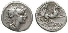 ROMAN REPUBLIC; Roman Republic - D. Junius Silanus 91 BC. denar 91 pne, Rzym, Aw: Głowa Romy w prawo, za nią znak kontrolny, Rw: Wiktoria w bidze w prawo, u góry znak I, u dołu D. SILANVS L / ROMA, Cr