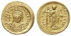 BYZANTINE; Byzantine Empire - Justinian I 527-565. solidus, Konstantynopol, Aw: Popiersie cesarza na wprost, D N IVSTINIANVS P P AVG, Rw: Anioł stojący na wprost, trzymający długi krzyż i jabłko z krz