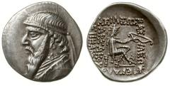 Parthia - Mithradates II Epiphanes 124-87 pne; drachma; Aw: Popiersie króla w lewo; Rw: Arsakes siedzący na tronie w prawo, trzymający łuk, ΒΑΣΙΛΕΩΣ ΒΑΣΙΛΕΩΝ ΜΕΓΑΛΟΥ ΑΡΣΑΚΟΥ ΕΠΙΦΑΝΟΥΣ; Sellwood 27; sr