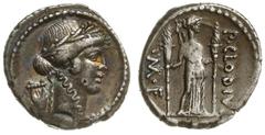 Roman Republic - P. Clodius m. f. IIII VIR a. p. f. 42 BC; denar, Rzym; Aw: Głowa Apolla w wieńcu laurowym w prawo; Rw: Diana z łukiem i kołczanem na ramieniu stojąca na wprost, trzymająca w każdej dł