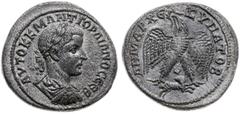 ANCIENT COINS; Roman Provinces - Syria - Antioch - Gordian III. 238-244. tetradrachma bilonowa, 242, Antiochia; Aw: Popiersie cesarza w prawo, AYTOK K M ANT ΓOPΔIANOC CEΒ; Rw: Orzeł stojący na wprost,